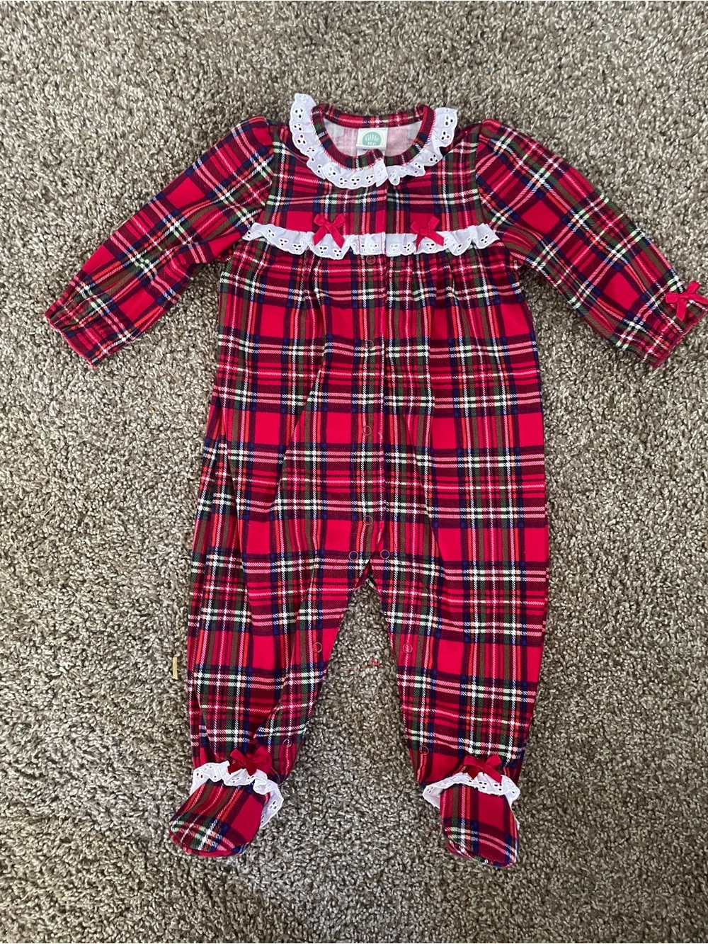 Little Me Red Plaid Footed One-Piece with Lace Trim